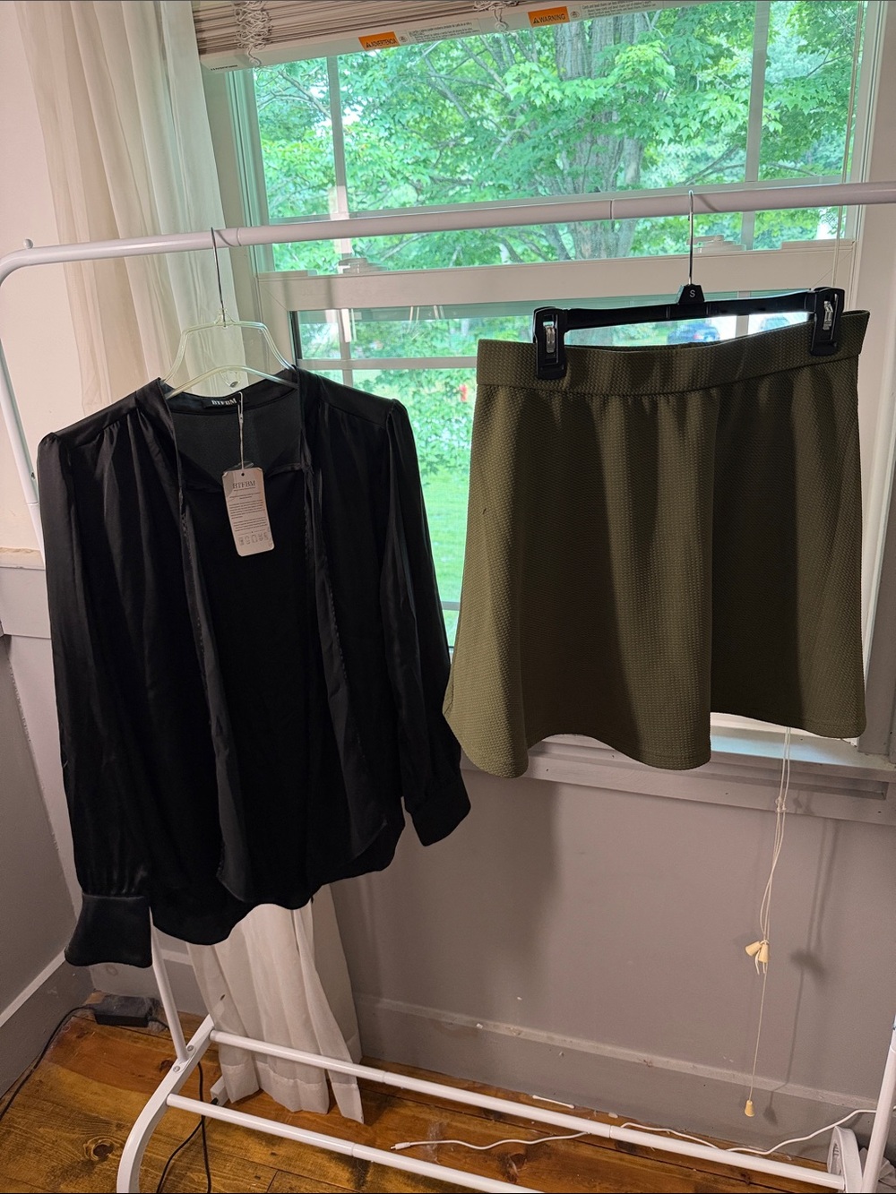 Women’s Olive Green Flared Skirt with built in shorts and silky top- large